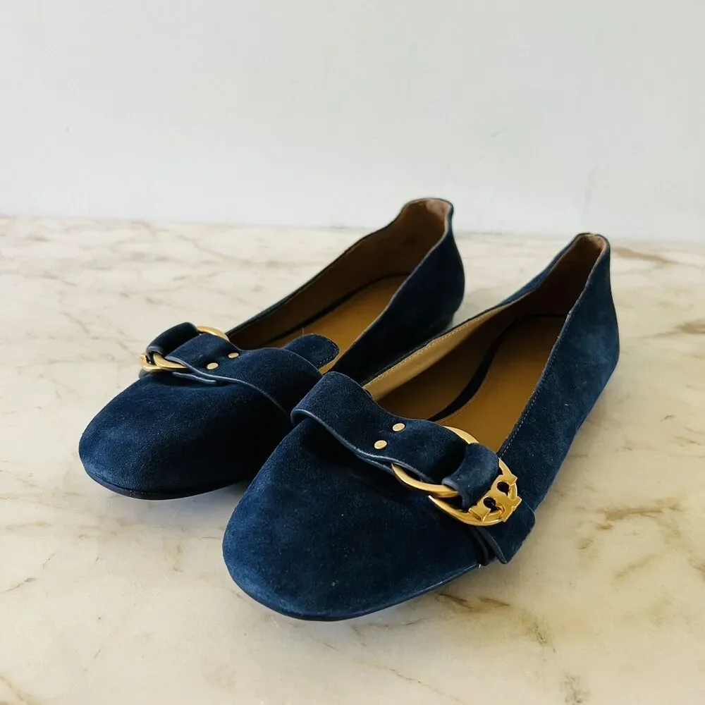 TORY BURCH Solid Blue Suede Smoking Flat Flats Gold Logo Buckle - US 7.5
